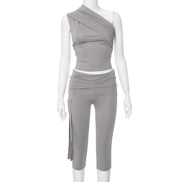 Diagonal collar splicing exposed navel pleated foldable cropped pants set