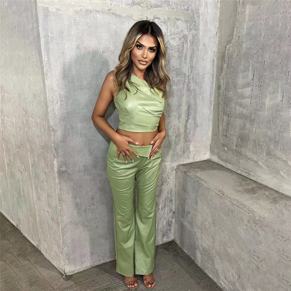Diagonal collar, single shoulder, small vest, high waist, buttocks, straight leg pants, PU set