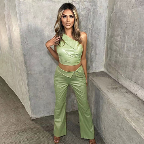 Diagonal collar, single shoulder, small vest, high waist, buttocks, straight leg pants, PU set