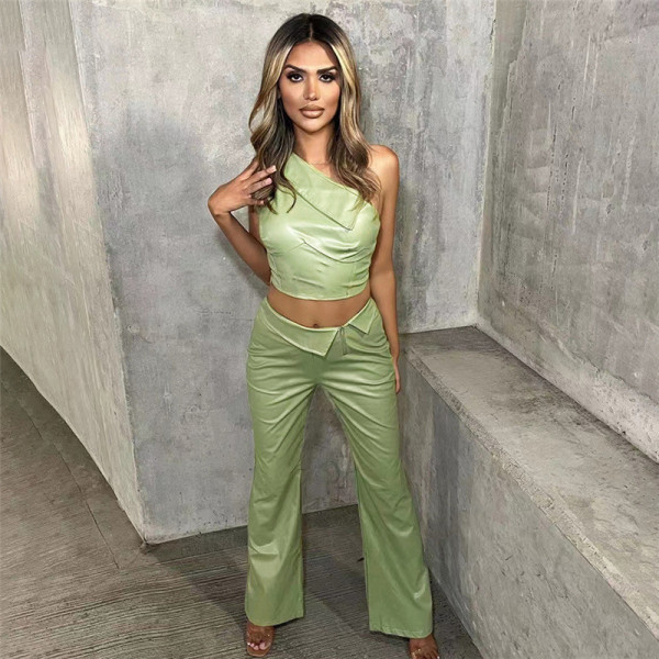 Diagonal collar, single shoulder, small vest, high waist, buttocks, straight leg pants, PU set