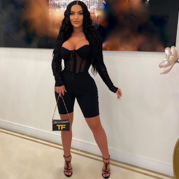 Women's solid color long sleeved shorts with mesh perspective jumpsuit
