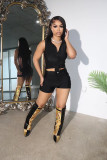 High elastic collar single breasted sleeveless top and shorts two-piece set