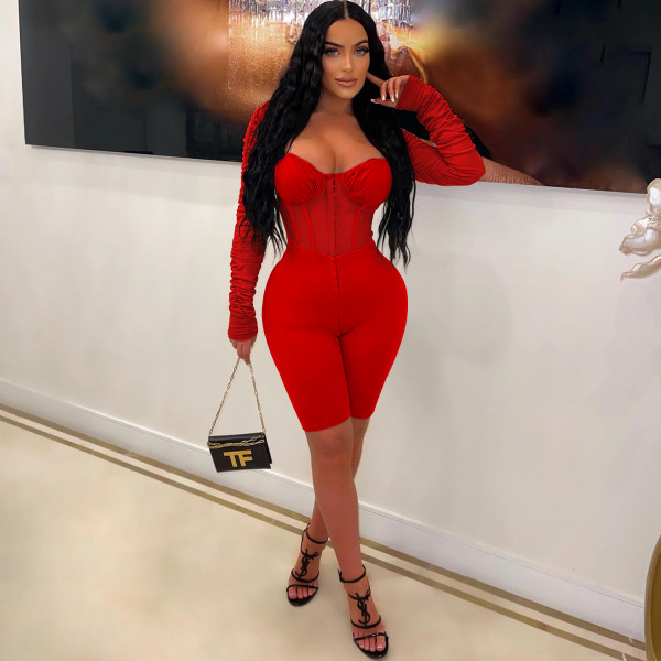 Women's solid color long sleeved shorts with mesh perspective jumpsuit
