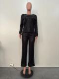 Two piece set of sequin solid color long sleeved pants