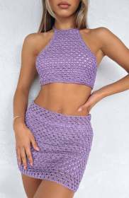 Hanging neck, backless small vest, buttocks wrapped knit skirt set