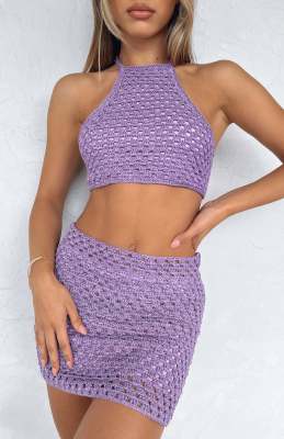 Hanging neck, backless small vest, buttocks wrapped knit skirt set