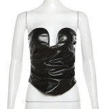 Wrapped chest one line collar slim fitting irregular PU vest