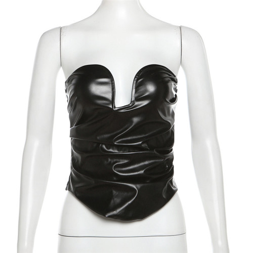 Wrapped chest one line collar slim fitting irregular PU vest
