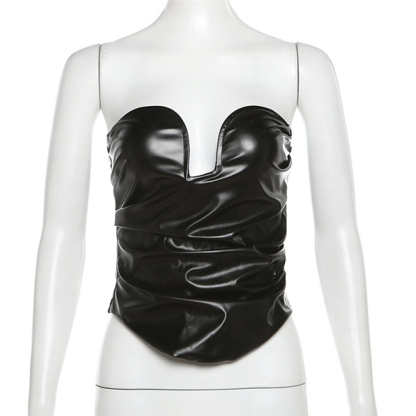 Wrapped chest one line collar slim fitting irregular PU vest