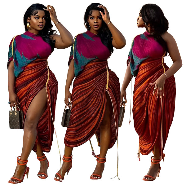 Positioned printed multi-color pleated irregular dress