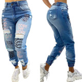 Fashionable letter cut monkey leg jeans