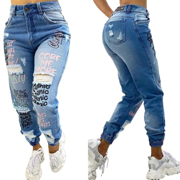 Fashionable letter cut monkey leg jeans