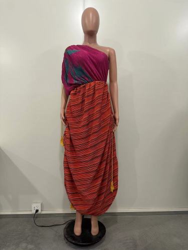Positioned printed multi-color pleated irregular dress