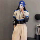 Contrast embroidered letters PU leather jacket loose short jacket