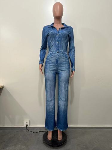 Imitation denim printed jumpsuit