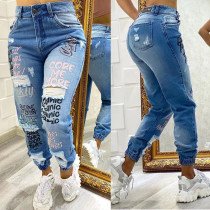 Fashionable letter cut monkey leg jeans Fashionable letter cut monkey leg jeans