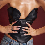 Wrapped chest one line collar slim fitting irregular PU vest