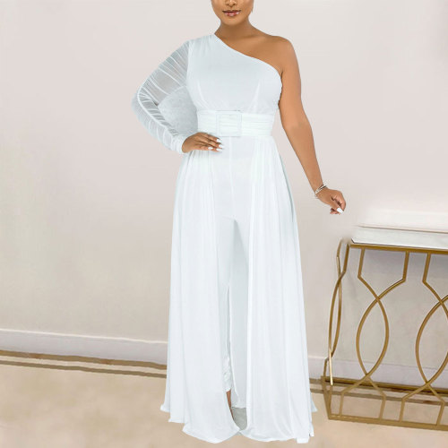 Solid Color Sexy Mesh Perspective One Shoulder jumpsuit