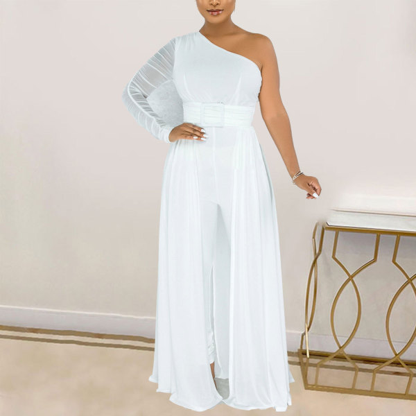 Solid Color Sexy Mesh Perspective One Shoulder jumpsuit
