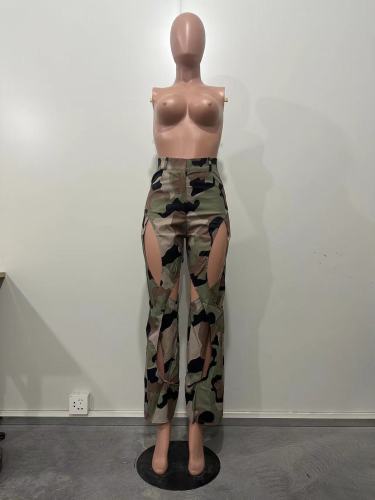 Digital high-definition printed perforated cross work suit straight leg pants