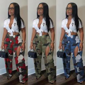 Digital high-definition printed perforated cross work suit straight leg pants