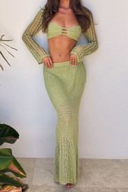 Lace up long sleeved buttocks wrapped casual knitted long skirt set