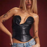 Wrapped chest one line collar slim fitting irregular PU vest