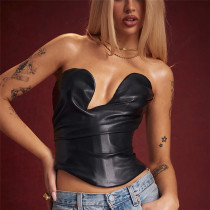 Wrapped chest one line collar slim fitting irregular PU vest Wrapped chest one line collar slim fitting irregular PU vest