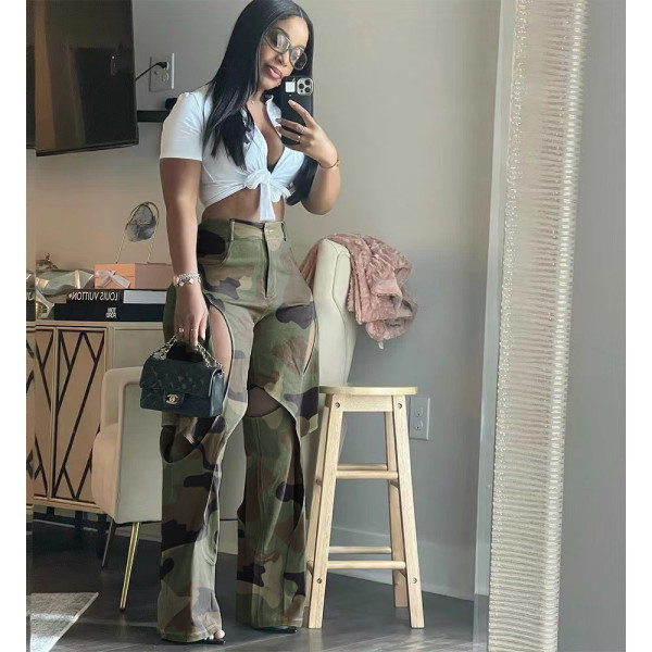 Digital high-definition printed perforated cross work suit straight leg pants