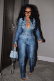 Imitation denim printed jumpsuit