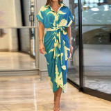 Women's printed lapel short sleeved high waisted long shirt dress