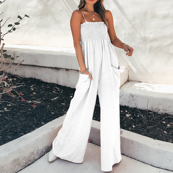 Women's solid color suspender pleated casual style commuting high waisted jumpsuit