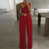 Solid color diagonal shoulder waist wide leg jumpsuit