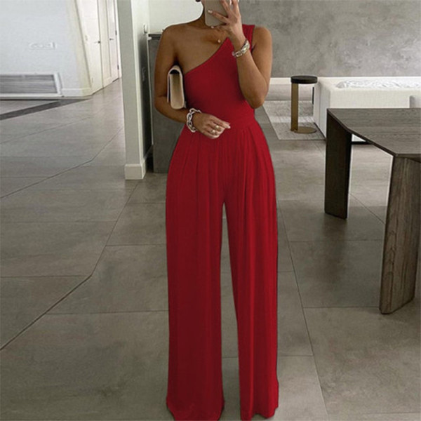 Solid color diagonal shoulder waist wide leg jumpsuit
