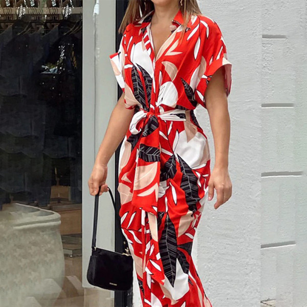 Women's printed lapel short sleeved high waisted long shirt dress