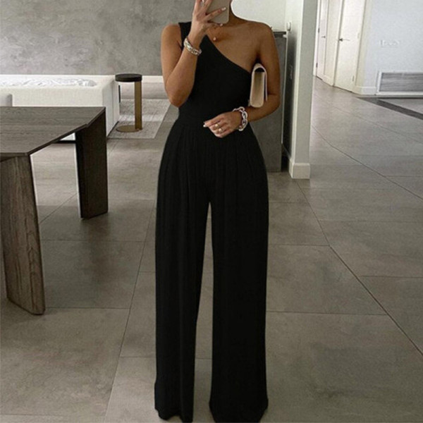 Solid color diagonal shoulder waist wide leg jumpsuit