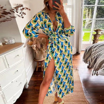 Printed overlapping V-neck pleated tie waist long sleeved slit skirt