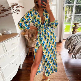 Printed overlapping V-neck pleated tie waist long sleeved slit skirt