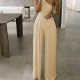 Solid color diagonal shoulder waist wide leg jumpsuit