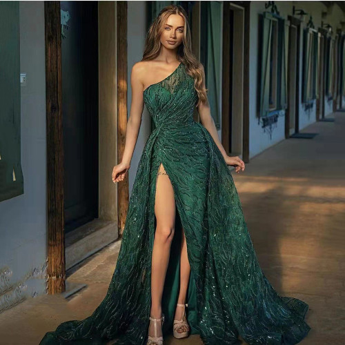 Women's diagonal shoulder slit long dress, toasting dress, sequin suspender evening dress