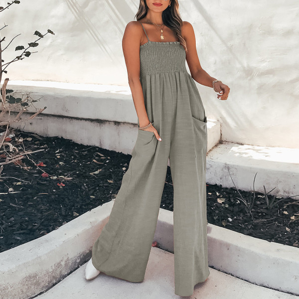 Women's solid color suspender pleated casual style commuting high waisted jumpsuit