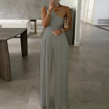 Solid color diagonal shoulder waist wide leg jumpsuit