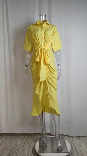 Women's lace up waist collection short sleeved single breasted solid color shirt dress