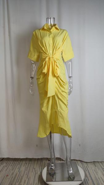 Women's lace up waist collection short sleeved single breasted solid color shirt dress