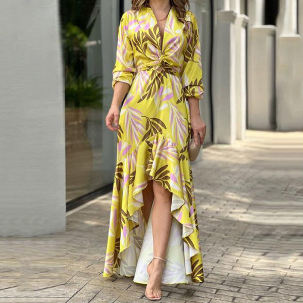 Fashionable printed lace up elegant slit dress