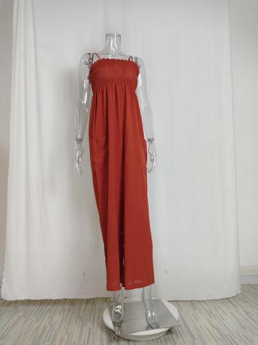 Women's solid color suspender pleated casual style commuting high waisted jumpsuit