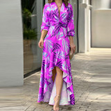 Fashionable printed lace up elegant slit dress