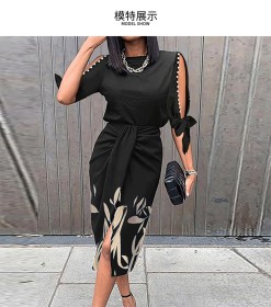 Women's high waisted printed three quarter sleeve slim fitting sexy dress