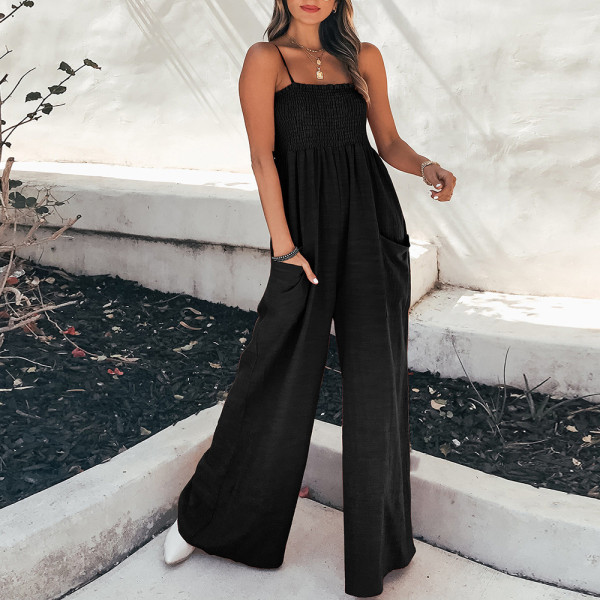Women's solid color suspender pleated casual style commuting high waisted jumpsuit