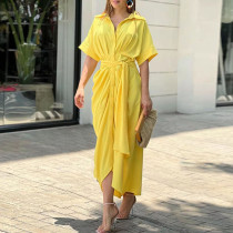 Women's lace up waist collection short sleeved single breasted solid color shirt dress